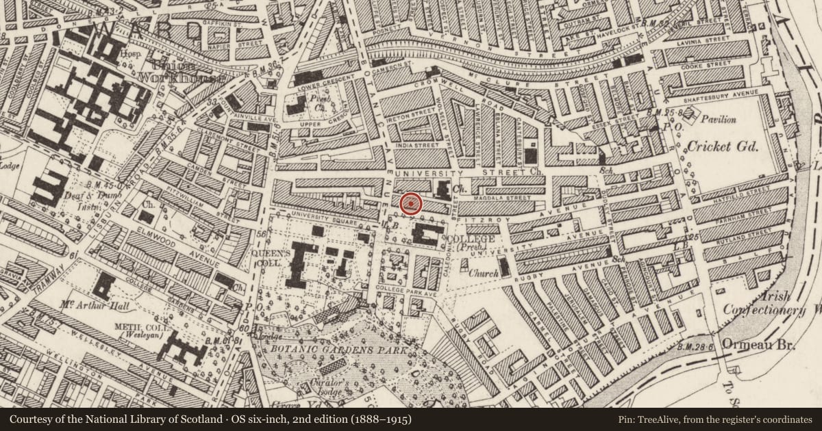 Ordnance Survey six-inch map, 2nd edition (1888–1915) covering the location of 6 College Green, Belfast, with a pin at the register's coordinates