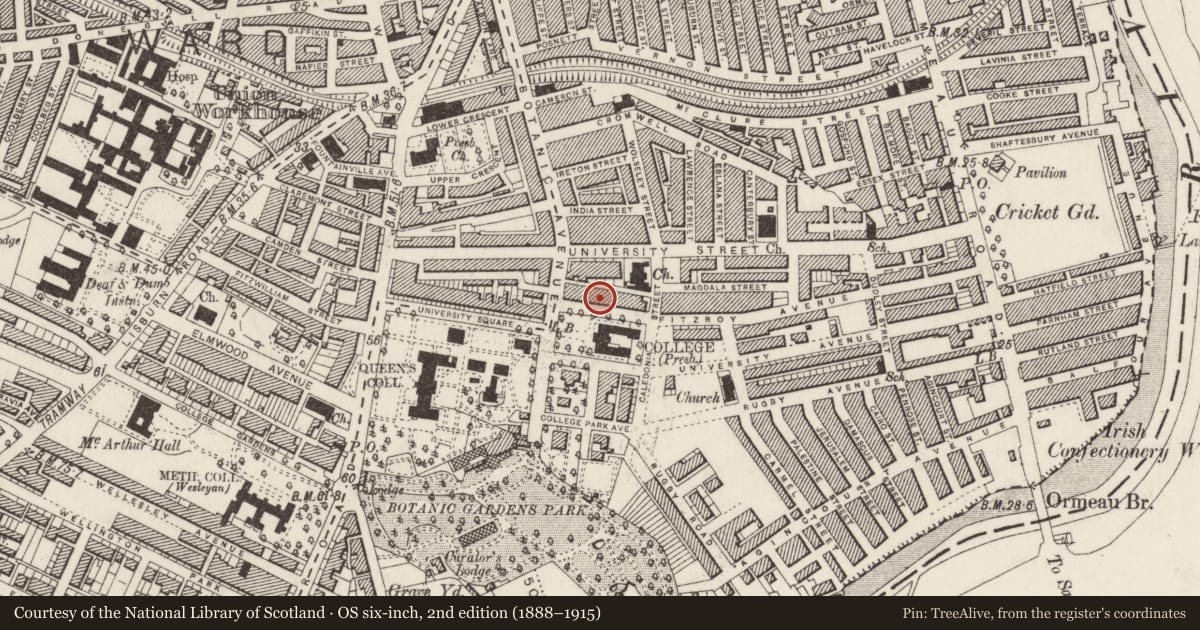 Ordnance Survey six-inch map, 2nd edition (1888–1915) covering the location of 8 College Green, Belfast, with a pin at the register's coordinates
