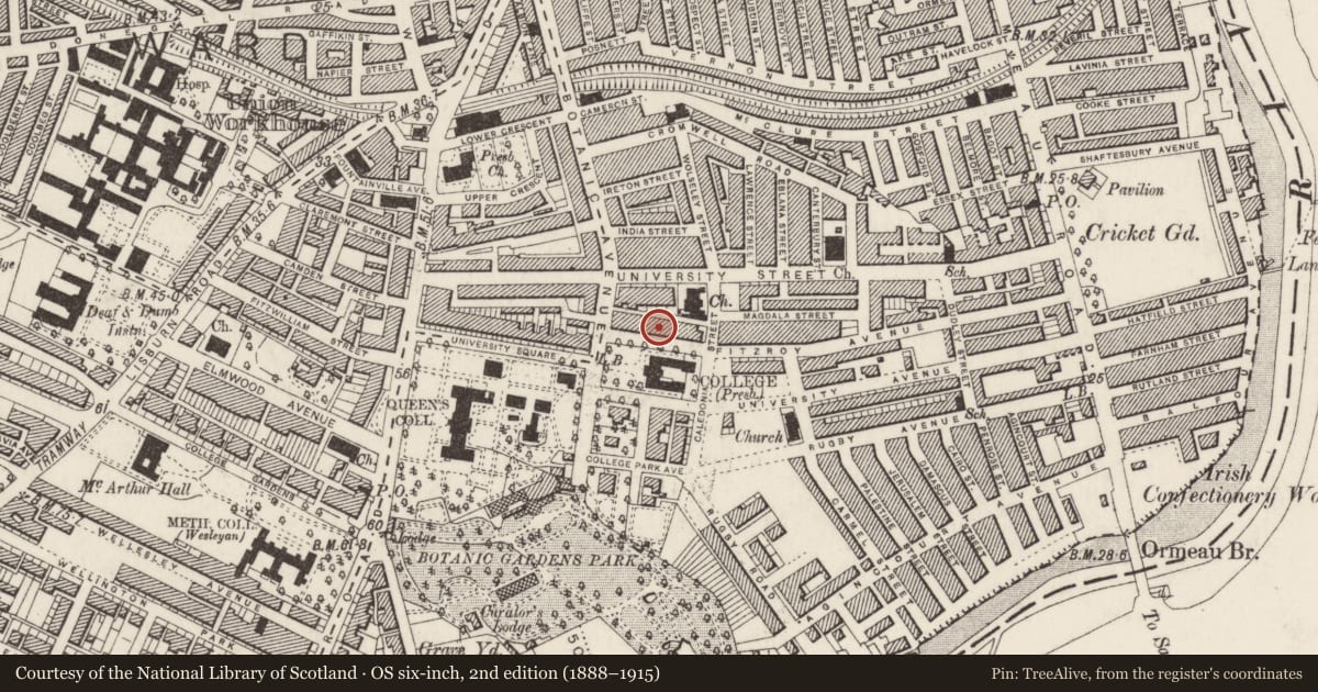 Ordnance Survey six-inch map, 2nd edition (1888–1915) covering the location of 10 College Green, Belfast, with a pin at the register's coordinates