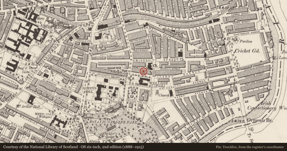 Ordnance Survey six-inch map, 2nd edition (1888–1915) covering the location of 12 College Green, Belfast, with a pin at the register's coordinates