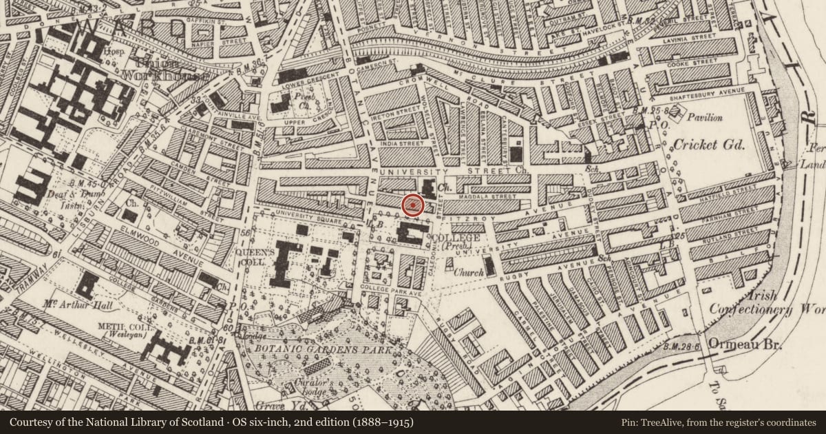Ordnance Survey six-inch map, 2nd edition (1888–1915) covering the location of 14 College Green, Belfast, with a pin at the register's coordinates