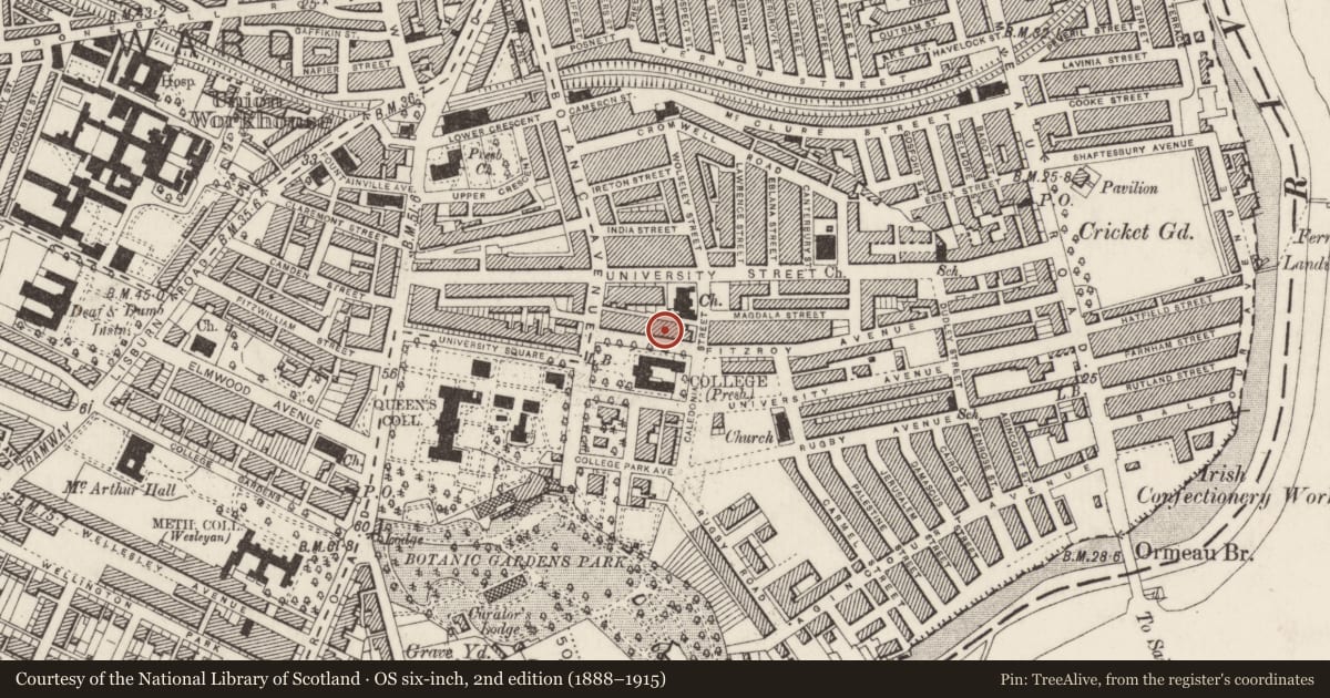 Ordnance Survey six-inch map, 2nd edition (1888–1915) covering the location of 18 College Green, Belfast, with a pin at the register's coordinates