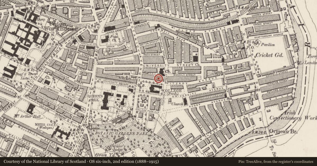 Ordnance Survey six-inch map, 2nd edition (1888–1915) covering the location of 20 College Green, Belfast, with a pin at the register's coordinates