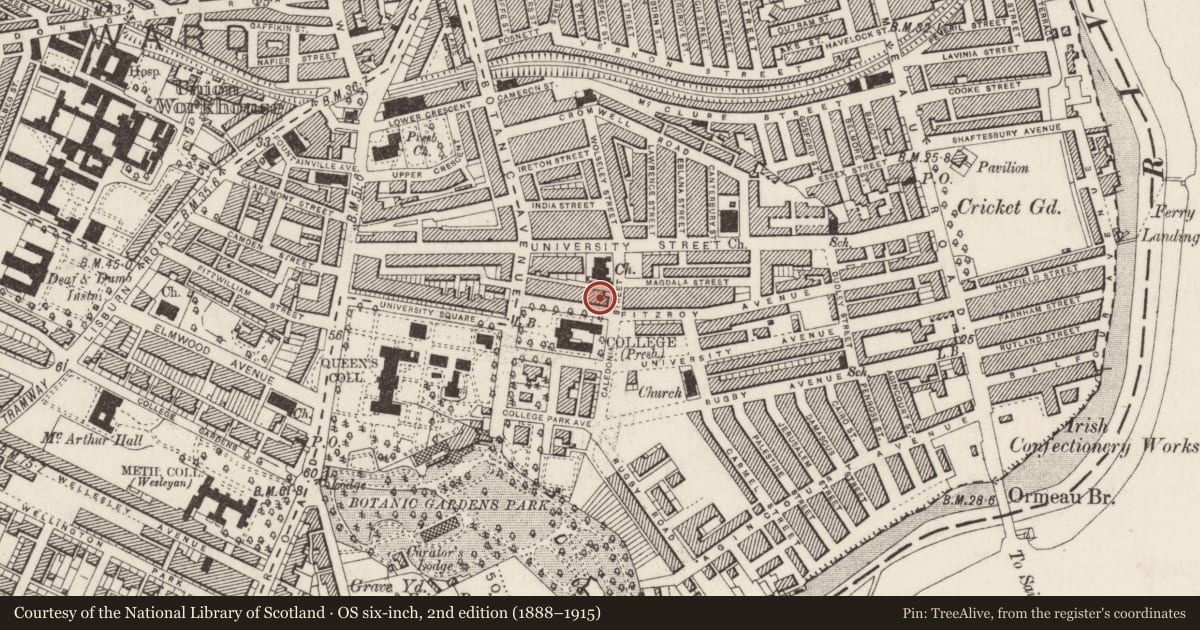 Ordnance Survey six-inch map, 2nd edition (1888–1915) covering the location of 24 College Green, Belfast, with a pin at the register's coordinates