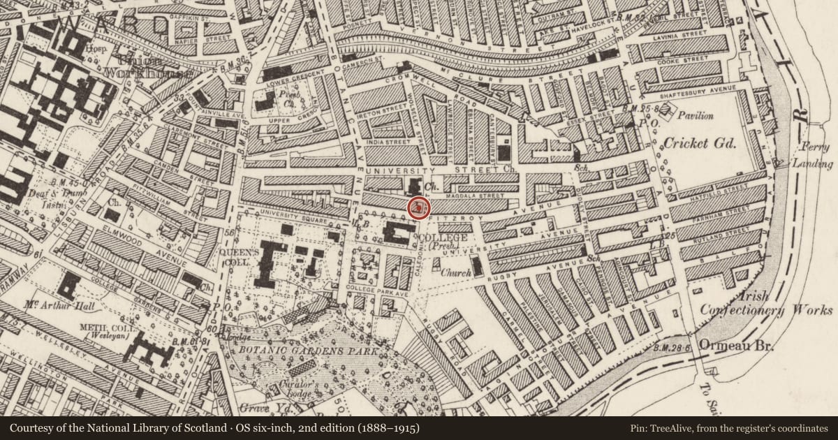 Ordnance Survey six-inch map, 2nd edition (1888–1915) covering the location of 26 College Green, Belfast, with a pin at the register's coordinates