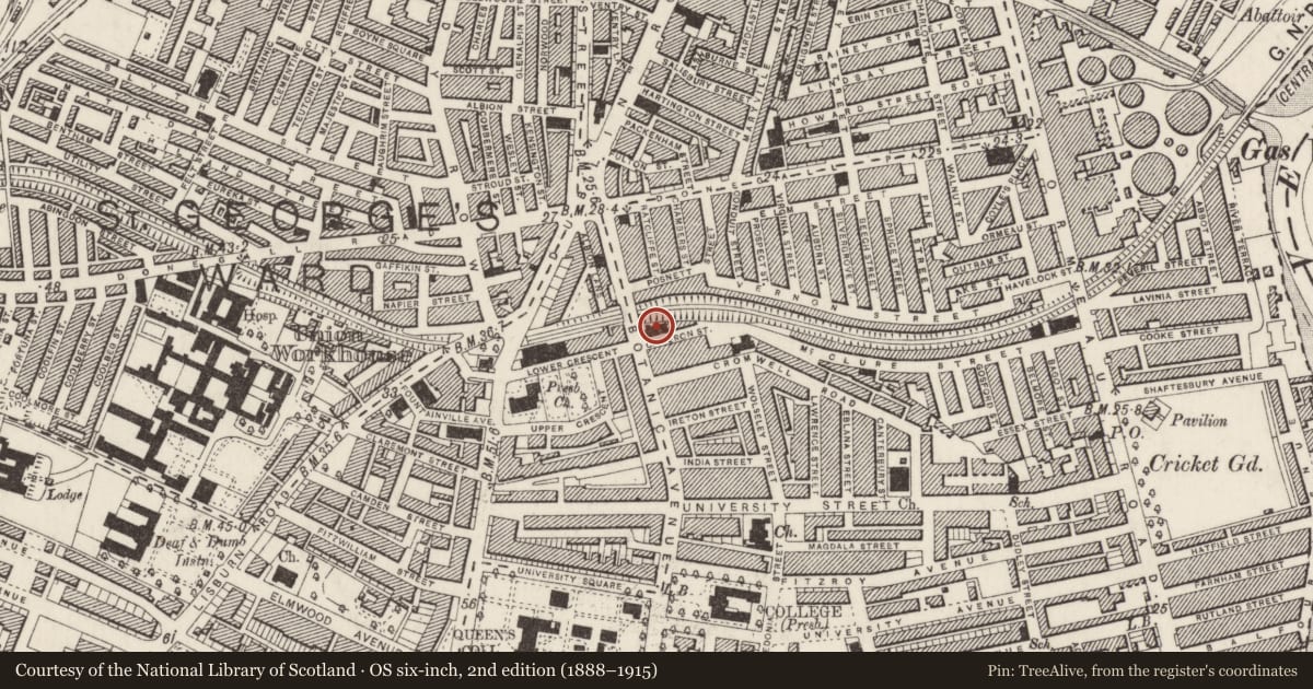 Ordnance Survey six-inch map, 2nd edition (1888–1915) covering the location of Empire Bar, Belfast, with a pin at the register's coordinates