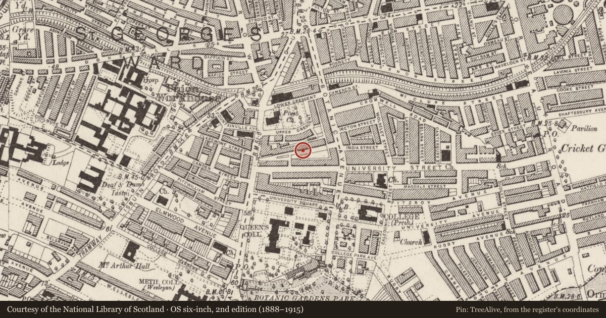Ordnance Survey six-inch map, 2nd edition (1888–1915) covering the location of Mount Charles Gates, Belfast, with a pin at the register's coordinates