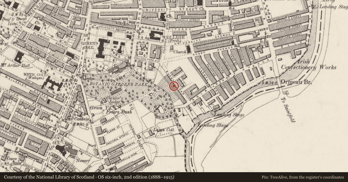 Ordnance Survey six-inch map, 2nd edition (1888–1915) covering the location of 35 Rugby Road, Belfast, with a pin at the register's coordinates