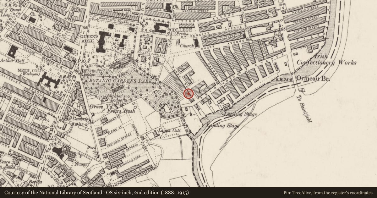 Ordnance Survey six-inch map, 2nd edition (1888–1915) covering the location of 53 Rugby Road, Belfast, with a pin at the register's coordinates