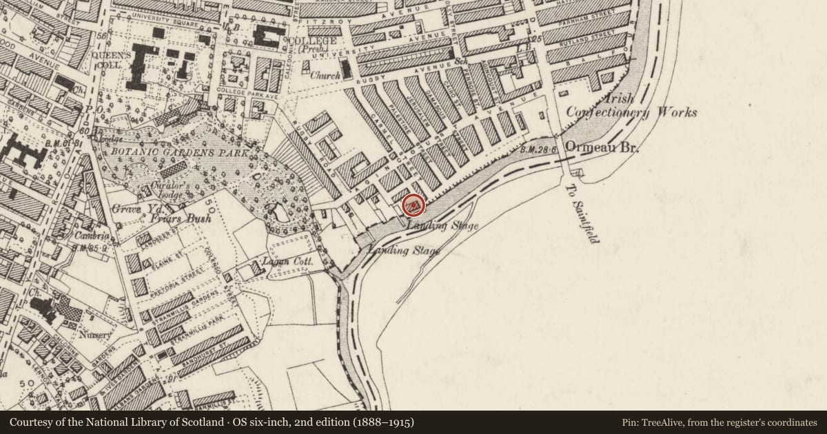 Ordnance Survey six-inch map, 2nd edition (1888–1915) covering the location of 1-5 Southview Cottages, Belfast, with a pin at the register's coordinates