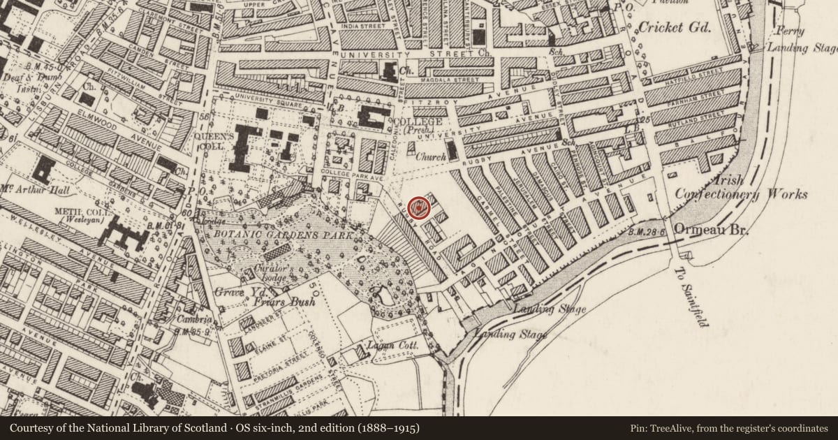 Ordnance Survey six-inch map, 2nd edition (1888–1915) covering the location of 56-58 Rugby Road, Belfast, with a pin at the register's coordinates