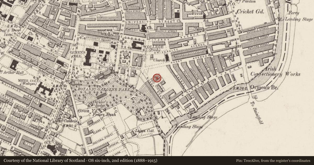 Ordnance Survey six-inch map, 2nd edition (1888–1915) covering the location of 1 Rugby St., Belfast, with a pin at the register's coordinates