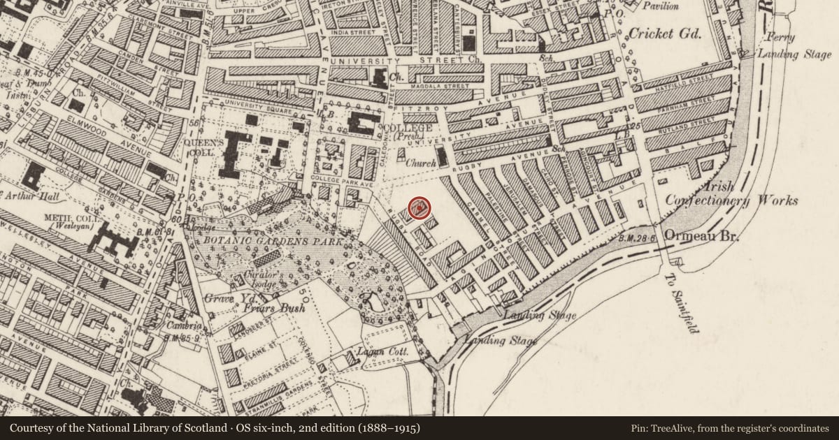 Ordnance Survey six-inch map, 2nd edition (1888–1915) covering the location of 3 Rugby St., Belfast, with a pin at the register's coordinates