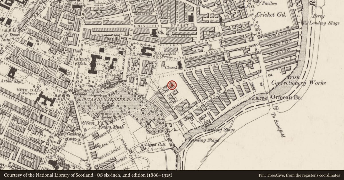Ordnance Survey six-inch map, 2nd edition (1888–1915) covering the location of 5 Rugby St., Belfast, with a pin at the register's coordinates