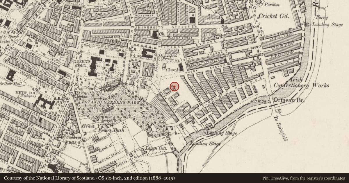 Ordnance Survey six-inch map, 2nd edition (1888–1915) covering the location of 7 Rugby St., Belfast, with a pin at the register's coordinates
