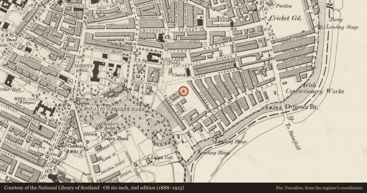Ordnance Survey six-inch map, 2nd edition (1888–1915) covering the location of 9 Rugby St., Belfast, with a pin at the register's coordinates