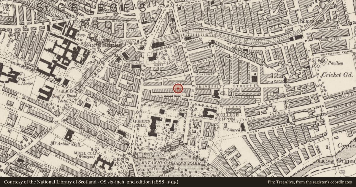 Ordnance Survey six-inch map, 2nd edition (1888–1915) covering the location of 47 University St., Belfast, with a pin at the register's coordinates