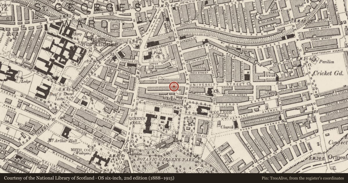 Ordnance Survey six-inch map, 2nd edition (1888–1915) covering the location of 49 University St., Belfast, with a pin at the register's coordinates