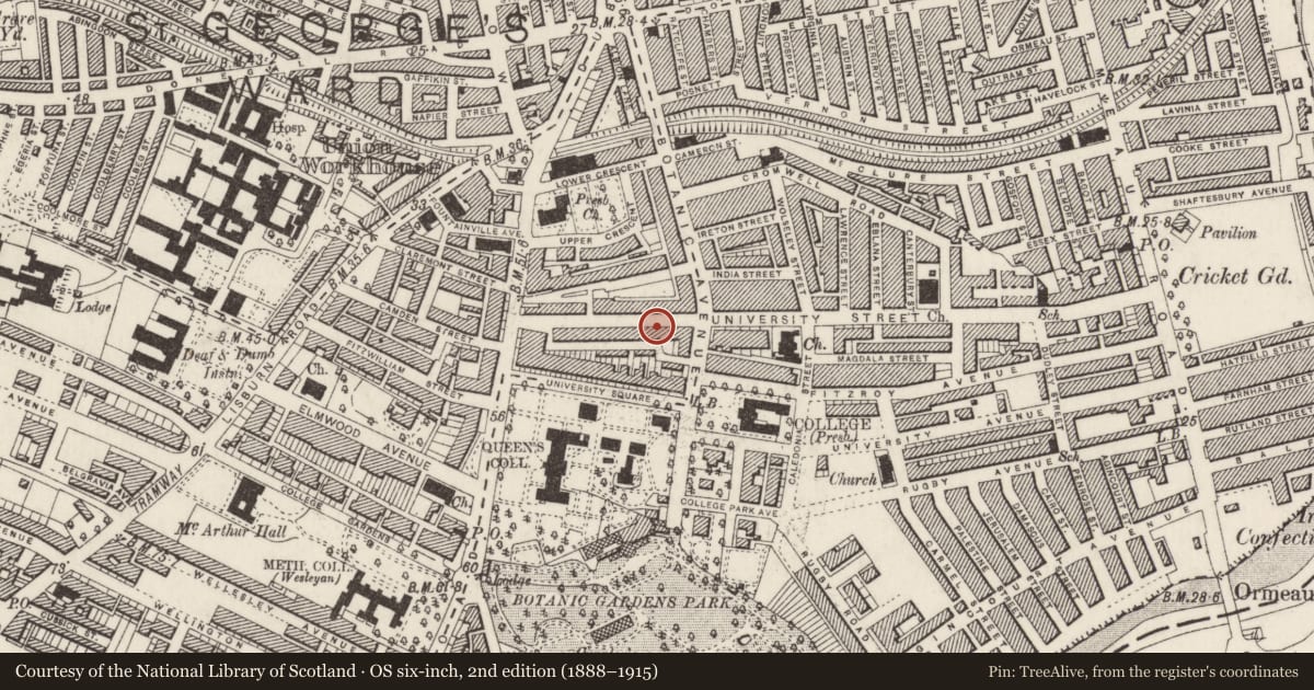 Ordnance Survey six-inch map, 2nd edition (1888–1915) covering the location of 51 University St., Belfast, with a pin at the register's coordinates