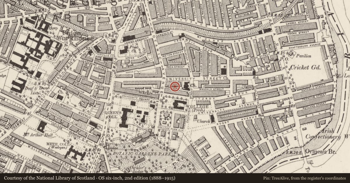 Ordnance Survey six-inch map, 2nd edition (1888–1915) covering the location of 71 University St, Malone Lower, Belfast, with a pin at the register's coordinates