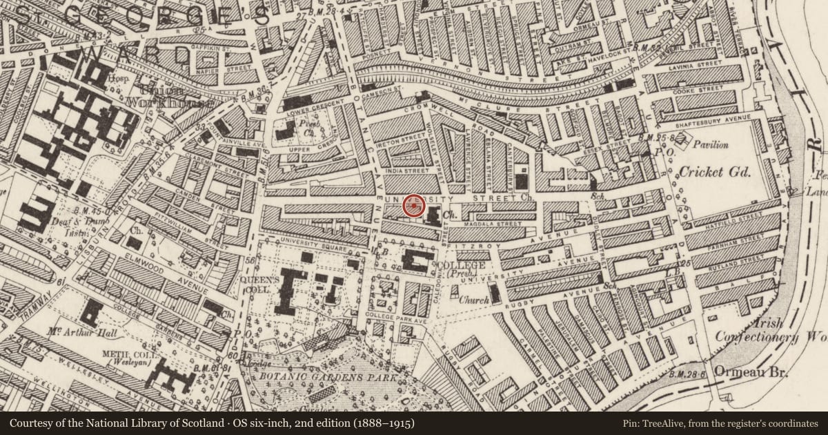 Ordnance Survey six-inch map, 2nd edition (1888–1915) covering the location of 73 University Street, Belfast BT7 1HB, Belfast, with a pin at the register's coordinates