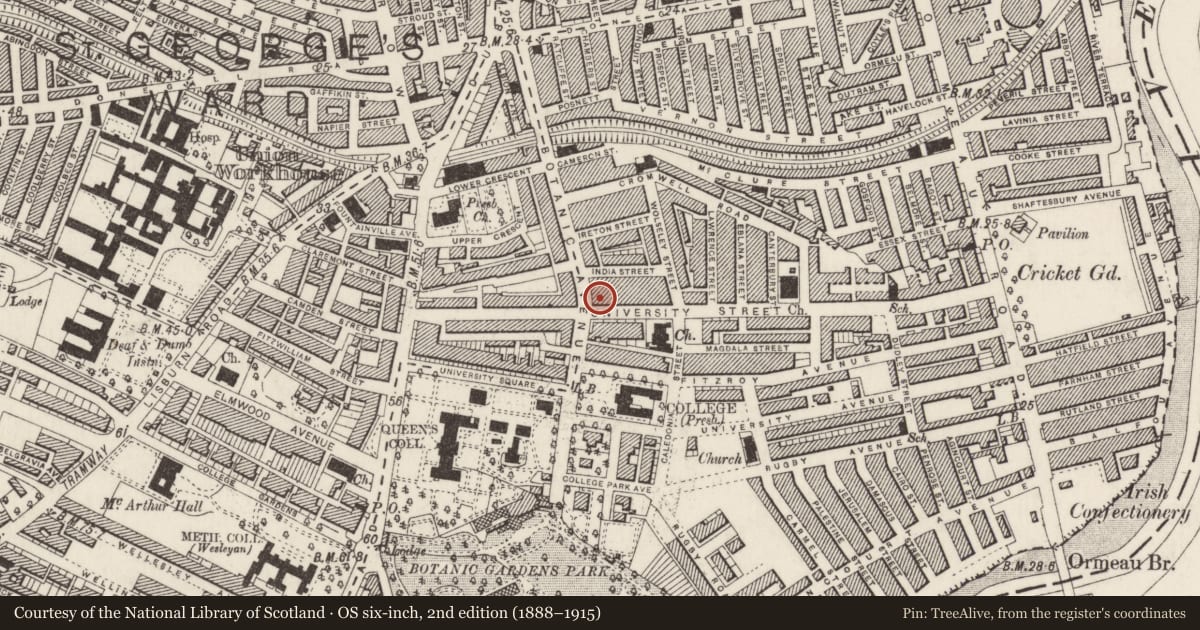 Ordnance Survey six-inch map, 2nd edition (1888–1915) covering the location of 44 University St., Belfast, with a pin at the register's coordinates