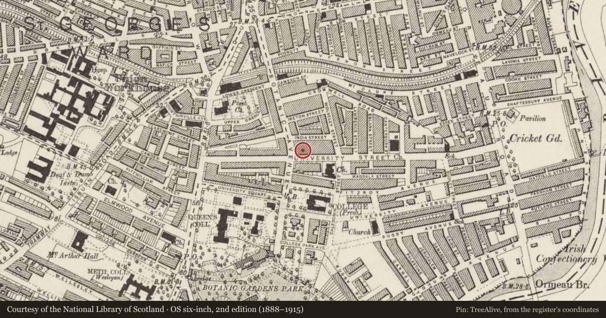 Ordnance Survey six-inch map, 2nd edition (1888–1915) covering the location of 46 University St., Belfast, with a pin at the register's coordinates