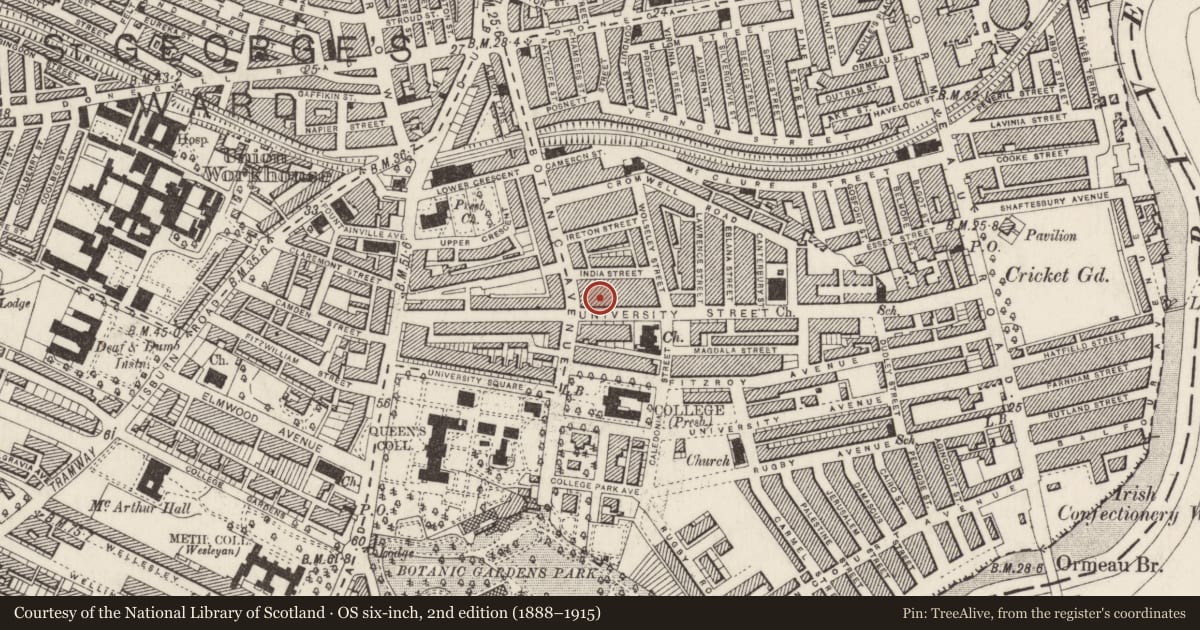 Ordnance Survey six-inch map, 2nd edition (1888–1915) covering the location of 48 University St., Belfast, with a pin at the register's coordinates