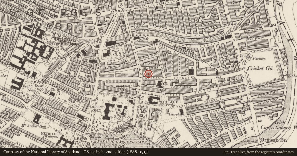 Ordnance Survey six-inch map, 2nd edition (1888–1915) covering the location of 50 University St., Belfast, with a pin at the register's coordinates