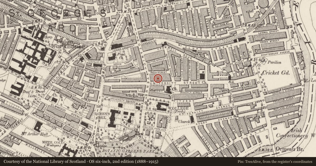 Ordnance Survey six-inch map, 2nd edition (1888–1915) covering the location of 52 University St., Belfast, with a pin at the register's coordinates