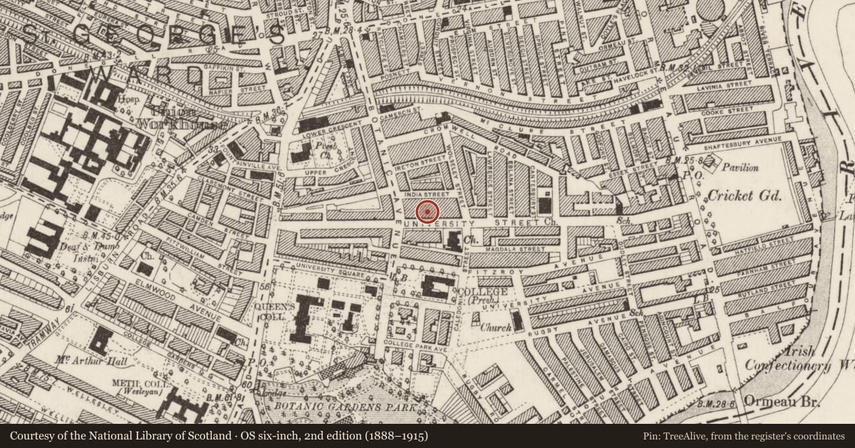 Ordnance Survey six-inch map, 2nd edition (1888–1915) covering the location of 54 University St., Belfast, with a pin at the register's coordinates