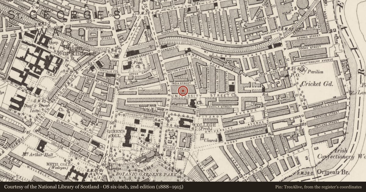 Ordnance Survey six-inch map, 2nd edition (1888–1915) covering the location of 56 University St., Belfast, with a pin at the register's coordinates