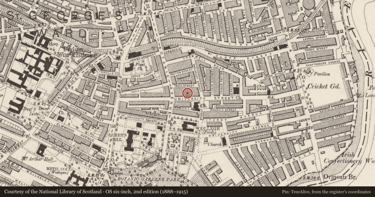 Ordnance Survey six-inch map, 2nd edition (1888–1915) covering the location of 58 University St., Belfast, with a pin at the register's coordinates