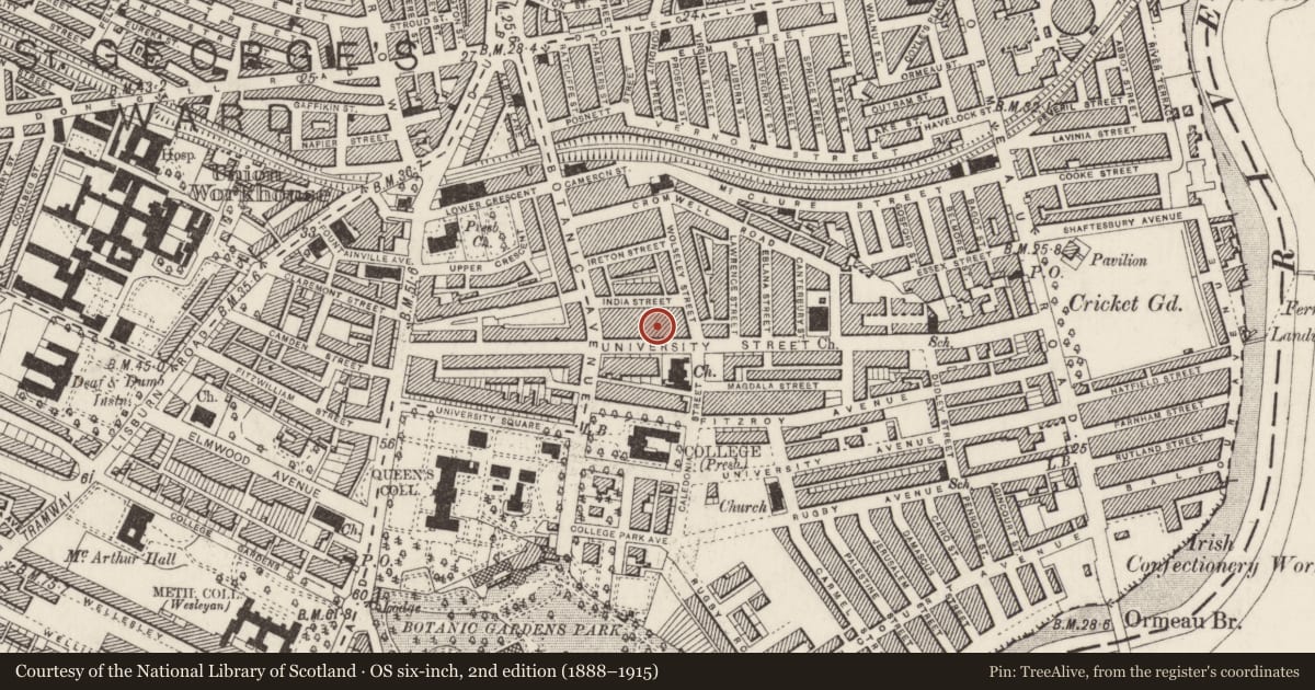 Ordnance Survey six-inch map, 2nd edition (1888–1915) covering the location of 62 University St., Belfast, with a pin at the register's coordinates