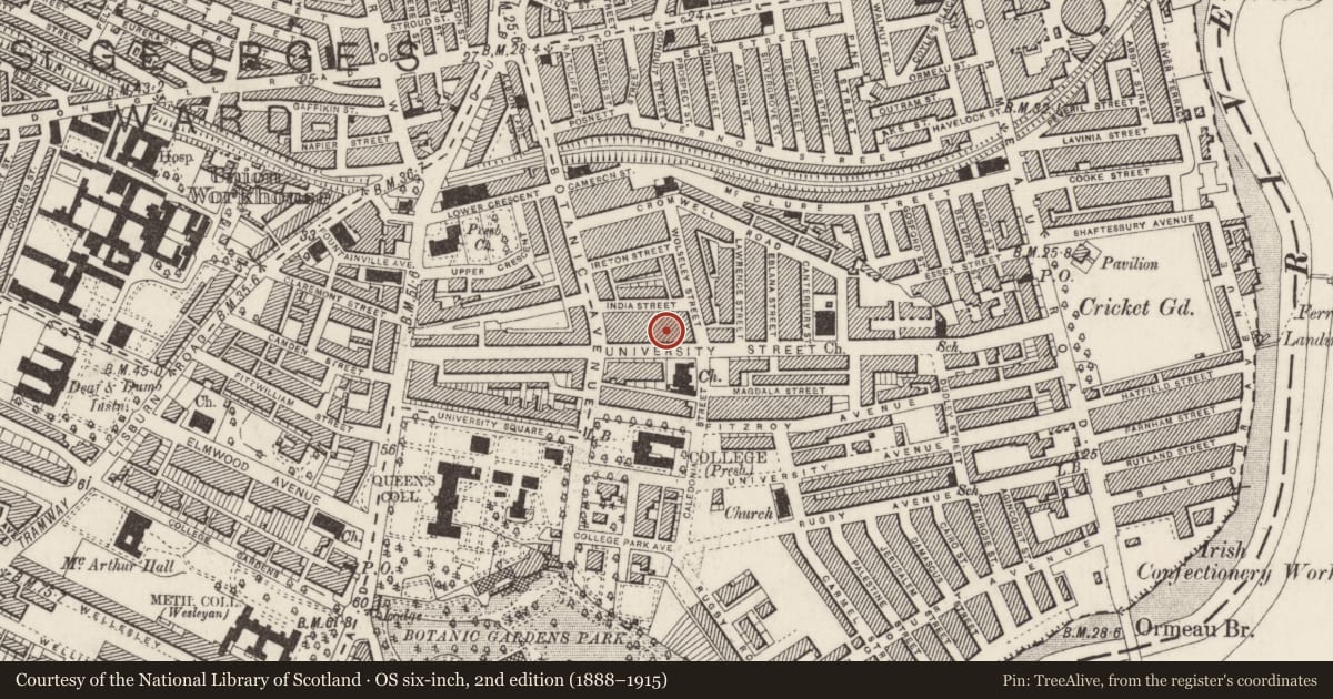 Ordnance Survey six-inch map, 2nd edition (1888–1915) covering the location of 64 University St., Belfast, with a pin at the register's coordinates
