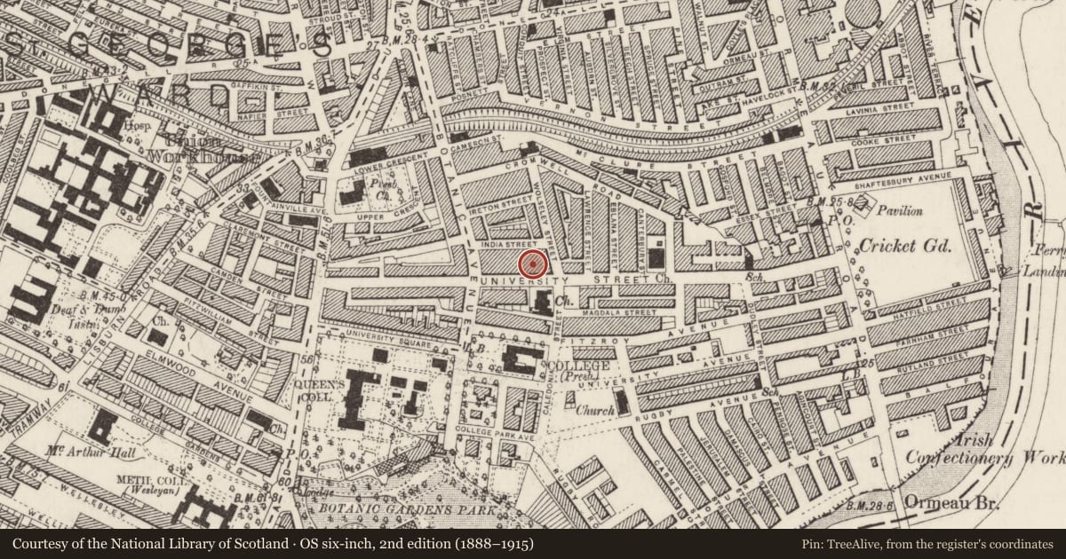 Ordnance Survey six-inch map, 2nd edition (1888–1915) covering the location of 66 University St., Belfast, with a pin at the register's coordinates