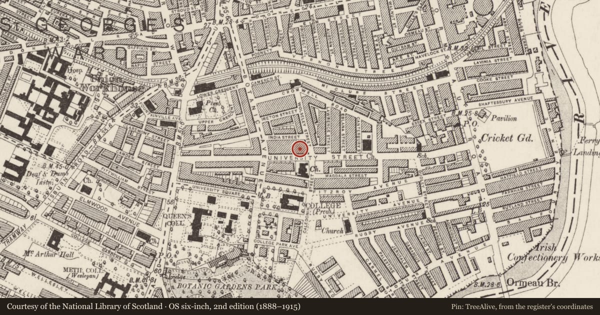 Ordnance Survey six-inch map, 2nd edition (1888–1915) covering the location of 68 University St., Belfast, with a pin at the register's coordinates