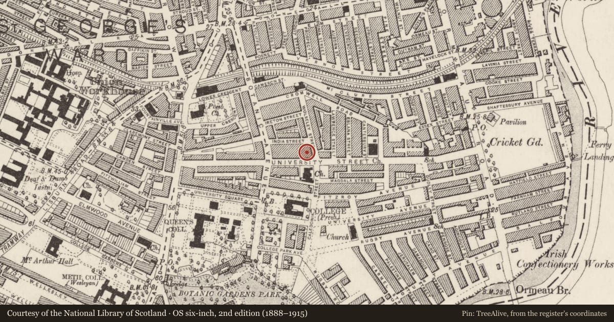 Ordnance Survey six-inch map, 2nd edition (1888–1915) covering the location of 70 University St., Belfast, with a pin at the register's coordinates