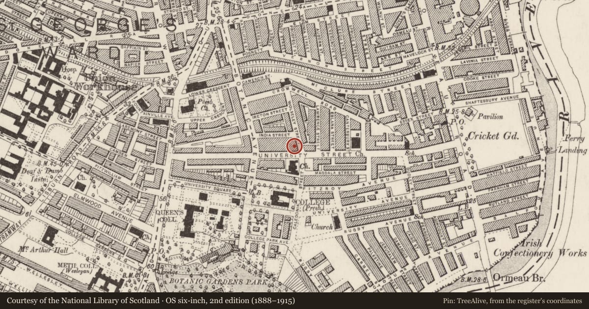 Ordnance Survey six-inch map, 2nd edition (1888–1915) covering the location of 72 University St., Belfast, with a pin at the register's coordinates