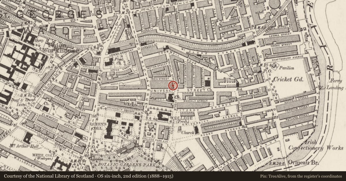 Ordnance Survey six-inch map, 2nd edition (1888–1915) covering the location of 74 University St., Belfast, with a pin at the register's coordinates