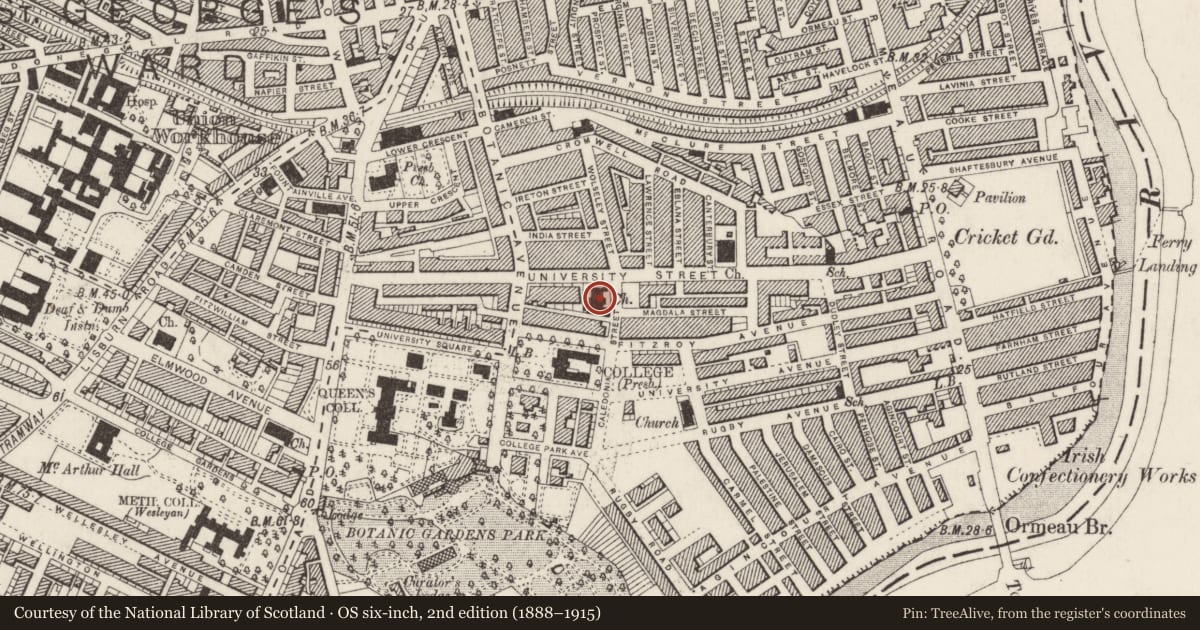 Ordnance Survey six-inch map, 2nd edition (1888–1915) covering the location of Fitzroy Presbyterian Church, Belfast, with a pin at the register's coordinates