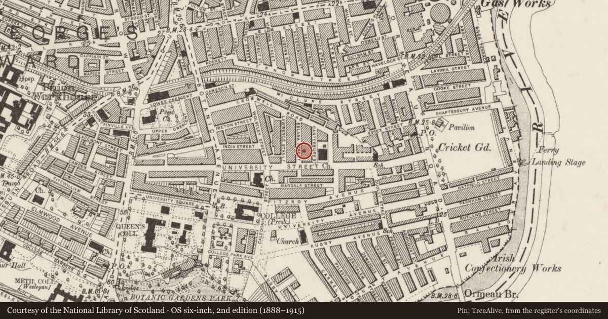 Ordnance Survey six-inch map, 2nd edition (1888–1915) covering the location of 3 Eblana St., Belfast, with a pin at the register's coordinates