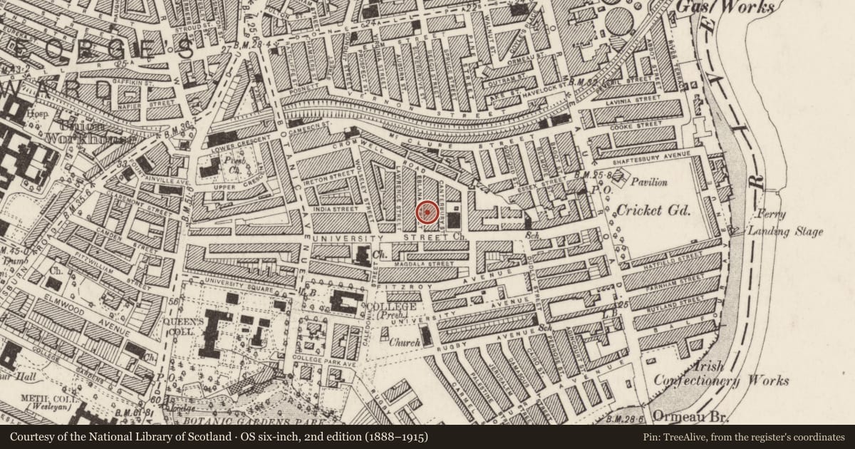 Ordnance Survey six-inch map, 2nd edition (1888–1915) covering the location of 5 Eblana St., Belfast, with a pin at the register's coordinates