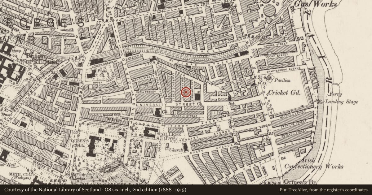 Ordnance Survey six-inch map, 2nd edition (1888–1915) covering the location of 7 Eblana St., Belfast, with a pin at the register's coordinates