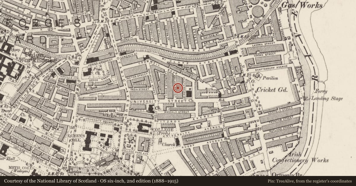Ordnance Survey six-inch map, 2nd edition (1888–1915) covering the location of 9 Eblana St., Belfast, with a pin at the register's coordinates