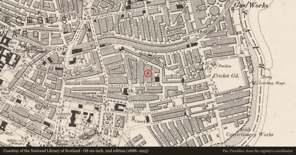 Ordnance Survey six-inch map, 2nd edition (1888–1915) covering the location of 11 Eblana St., Belfast, with a pin at the register's coordinates