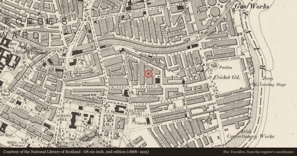 Ordnance Survey six-inch map, 2nd edition (1888–1915) covering the location of 13 Eblana St., Belfast, with a pin at the register's coordinates