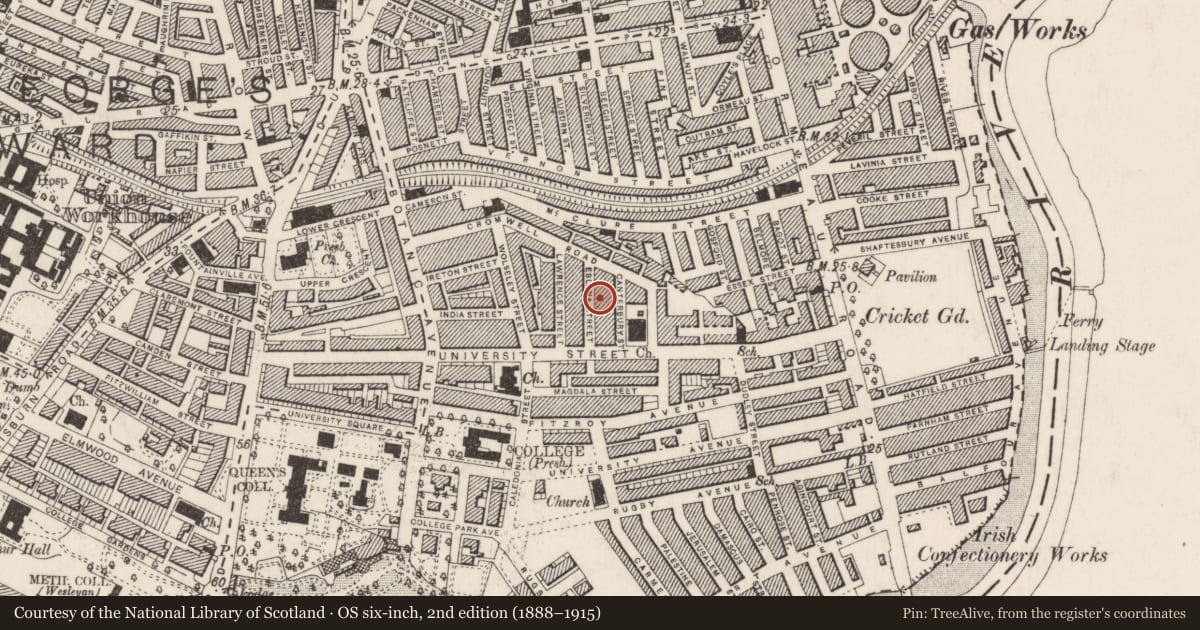 Ordnance Survey six-inch map, 2nd edition (1888–1915) covering the location of 15 Eblana St., Belfast, with a pin at the register's coordinates