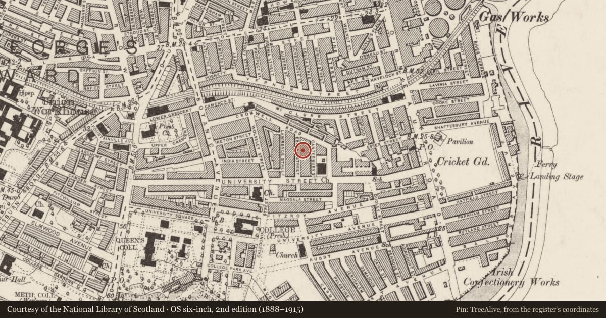 Ordnance Survey six-inch map, 2nd edition (1888–1915) covering the location of 17 Eblana St., Belfast, with a pin at the register's coordinates
