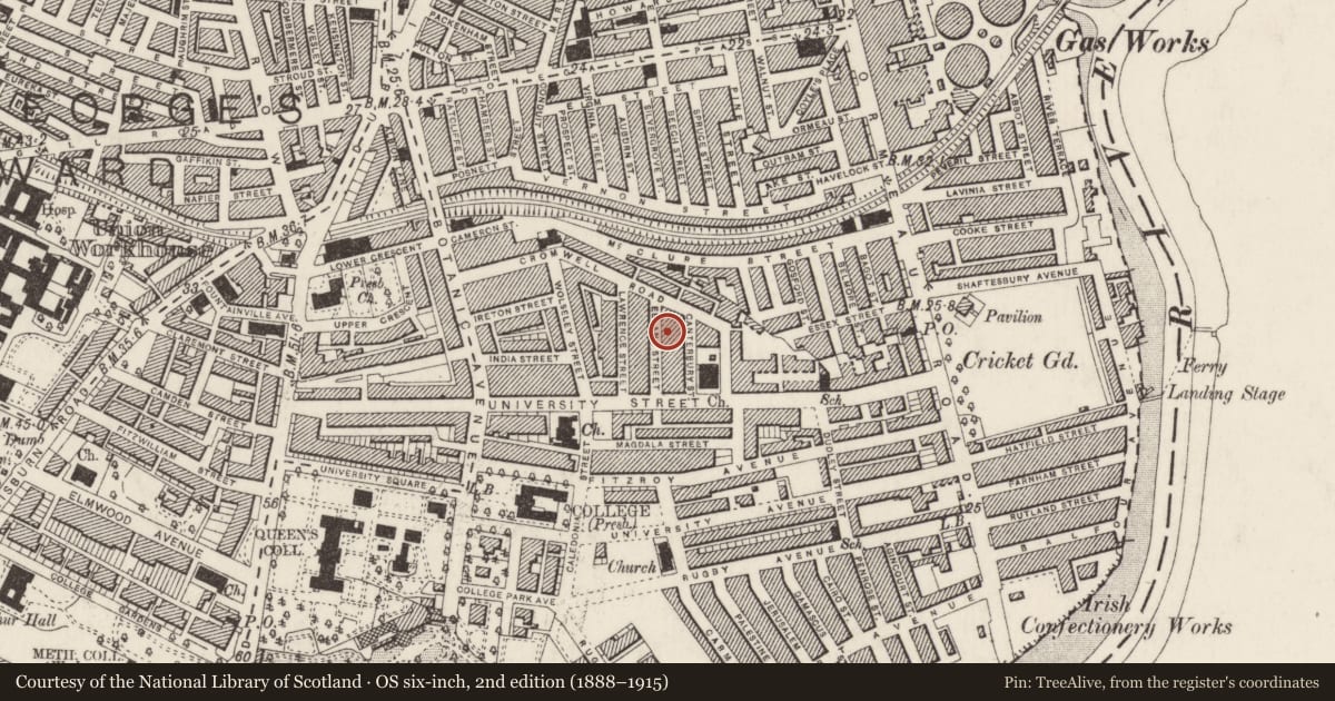 Ordnance Survey six-inch map, 2nd edition (1888–1915) covering the location of 19 Eblana St., Belfast, with a pin at the register's coordinates